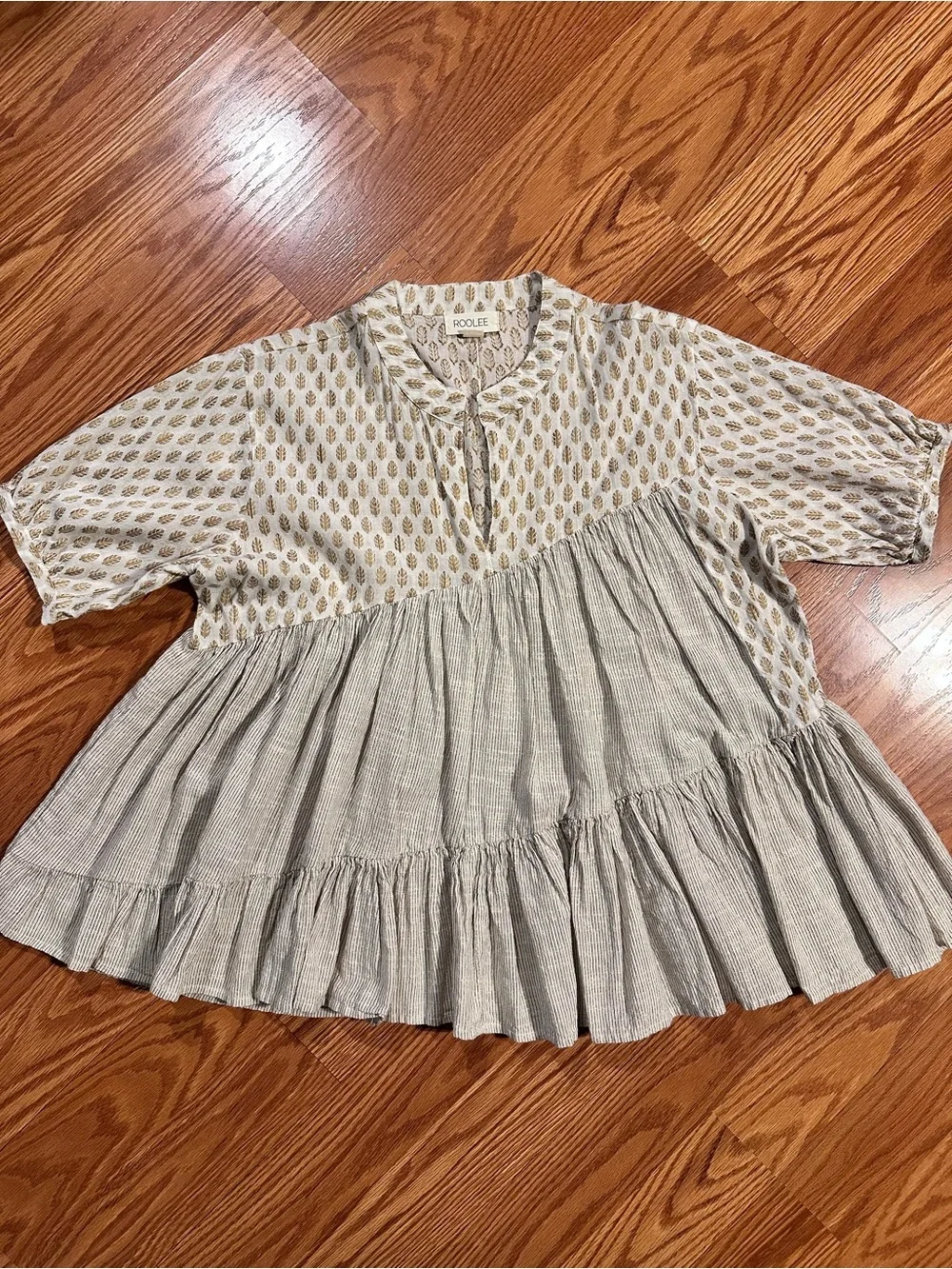 Roolee Cotton Cream with stripes and leaf Print Tiered Peasant Blouse size M - Picture 2 of 11